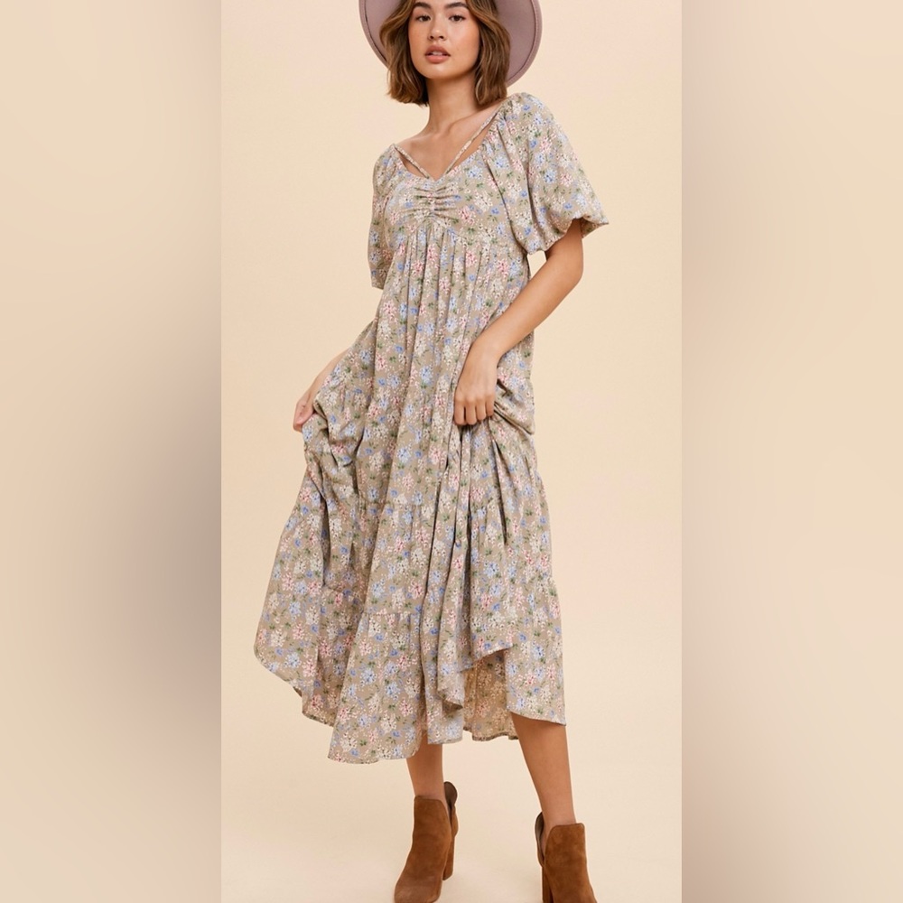 Boho Floral Maxi Dress in Pastel Hues In Loom NWT